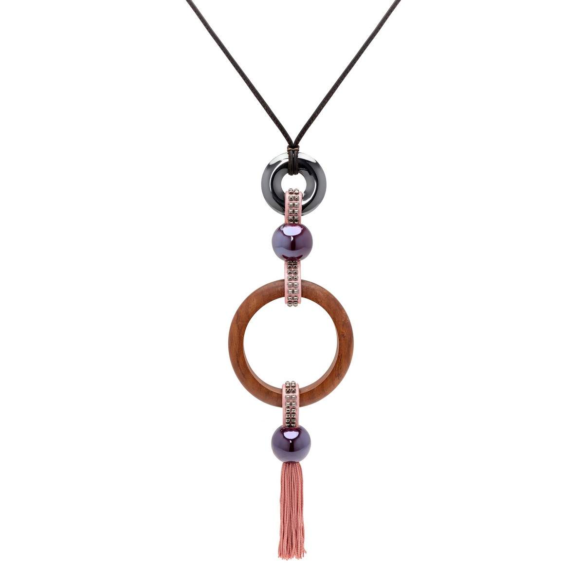 WOOD KORA NECKLACE WITH TASSEL IN PINK