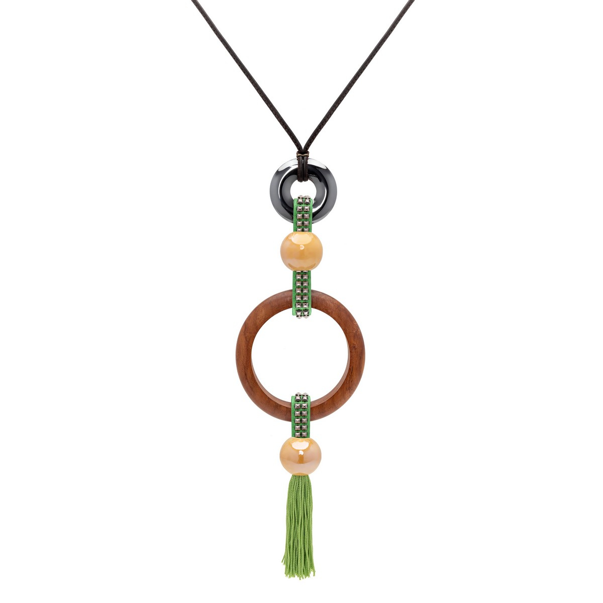WOOD KORA NECKLACE WITH TASSEL IN GREEN
