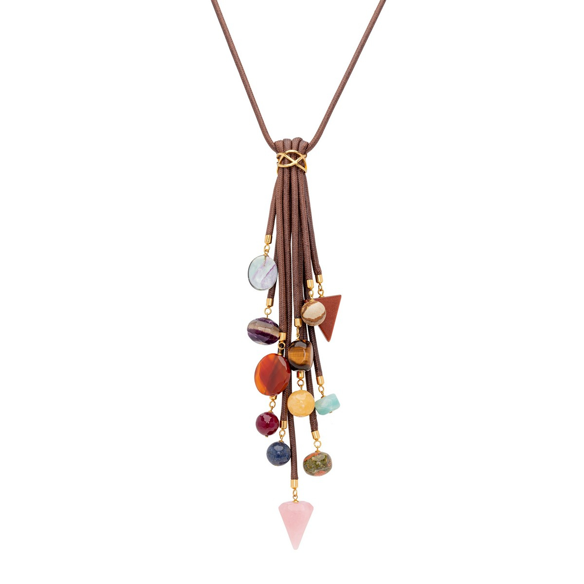 AVA CORD NECKLACE WITH TWELVE DIFFERENT PENDANTS BROWN/MULTICOLOR