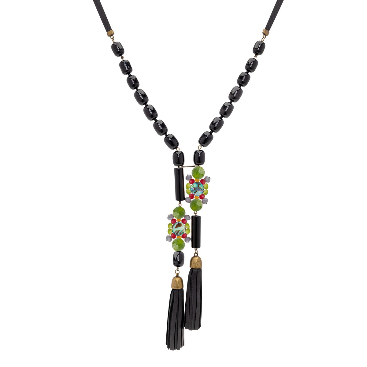 INNA TWO LEATHER TASSEL NECKLACE GREEN
