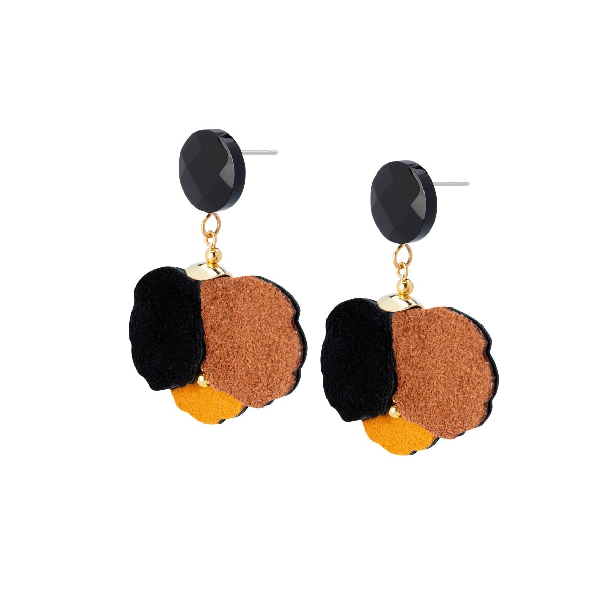 KAYLA LEATHER FLOWER EARRINGS  WITH ONYX