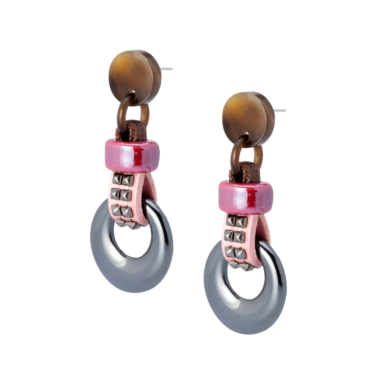 KORA HEMATITE AND PINK LEATHER EARRINGS