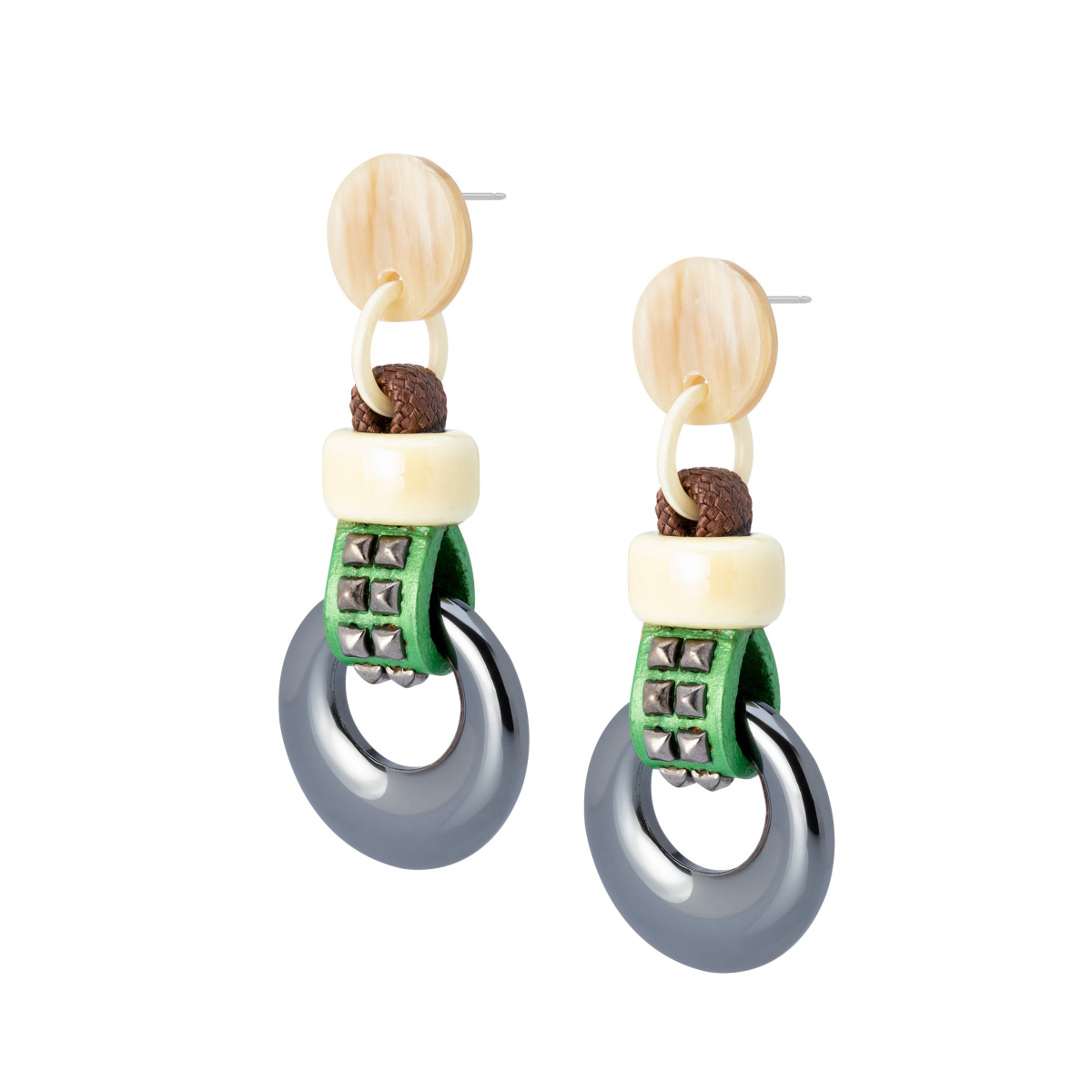 KORA HEMATITE AND GREEN LEATHER EARRINGS