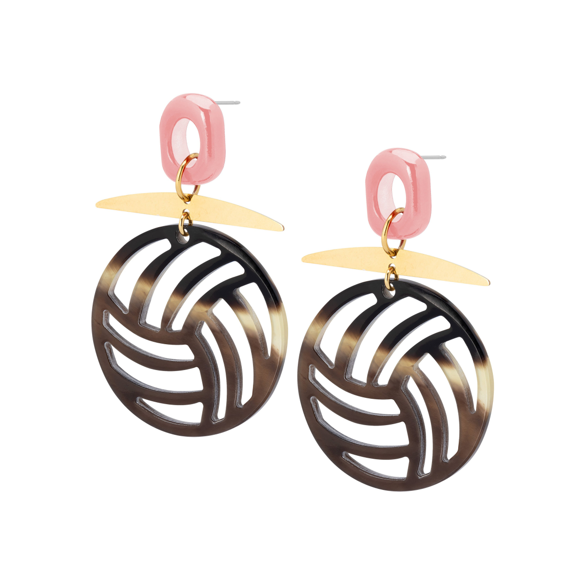 PENDIENTES COPÉRNICO CON CUERNO Y CERÁMICA ROSA