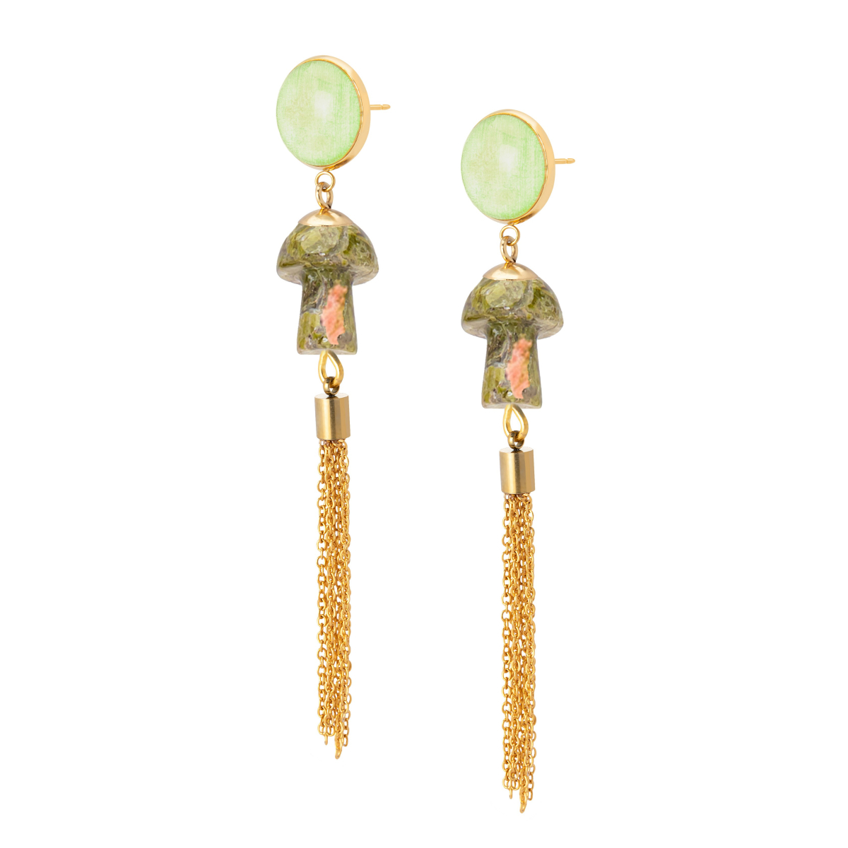 DAVINIA UNAKITE MUSHROOMS TASSEL EARRINGS GREEN