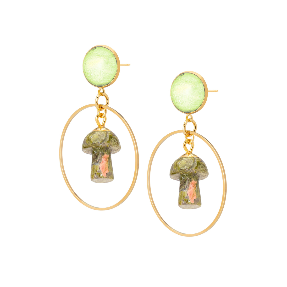 DAVINIA UNAKITE MUSHROOMS HOOP EARRINGS GREEN