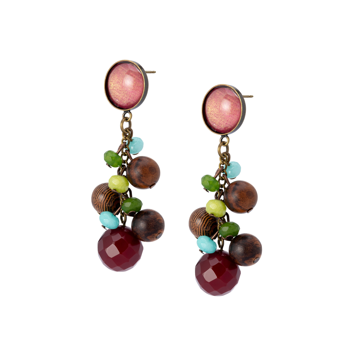 INGRID WOOD AND RASPBERRY AGATE BUNCH EARRINGS