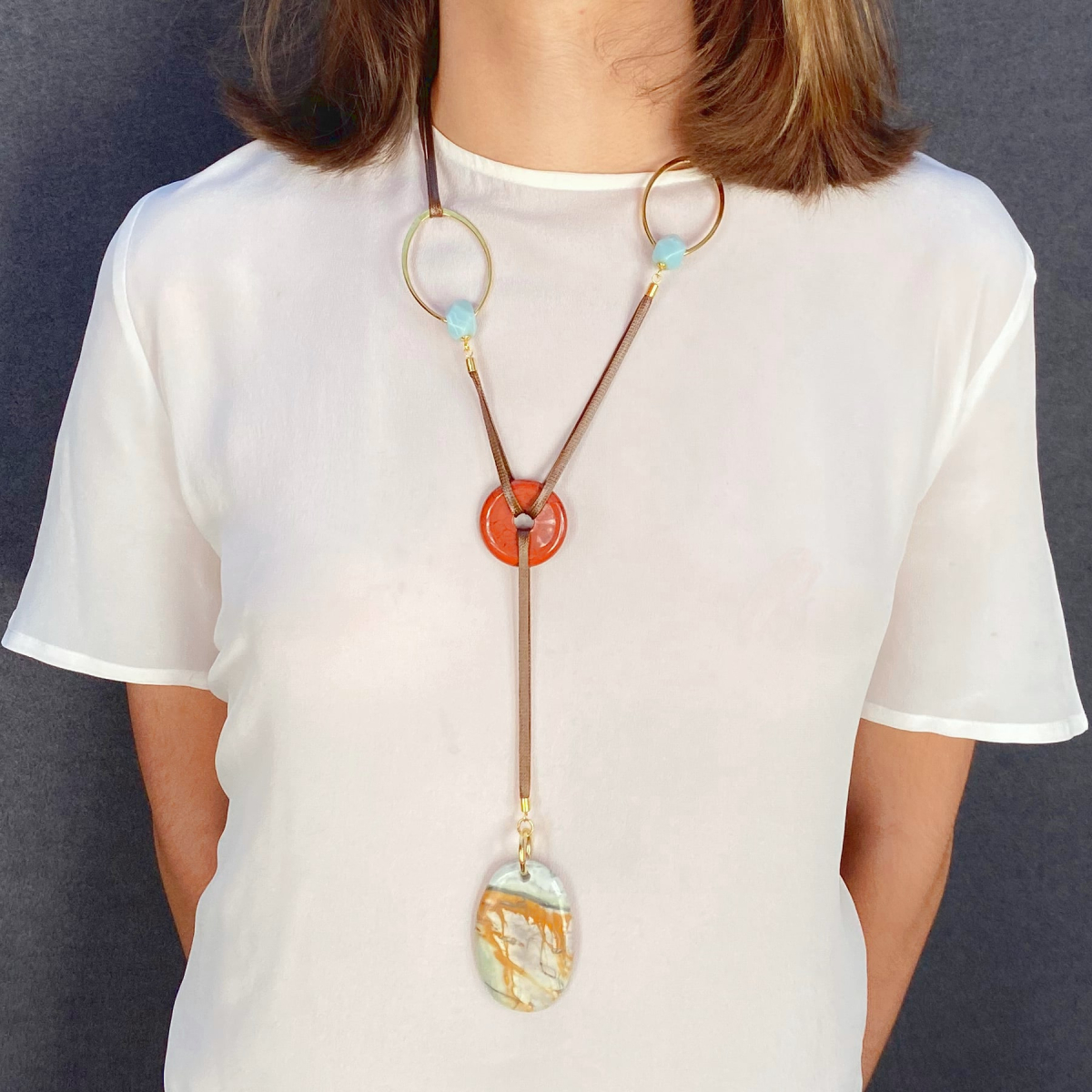 AVA Y-SHAPED PICASSO JASPER AND LARIMAR NECKLACE