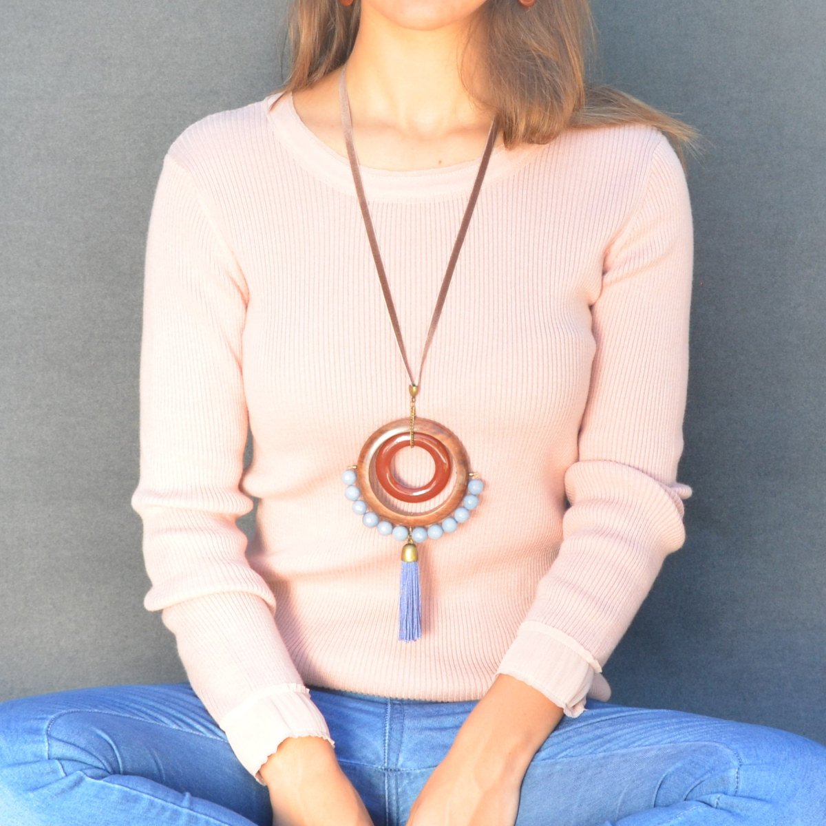 SIENA STATEMENT PENDANT WITH TASSEL BLUE