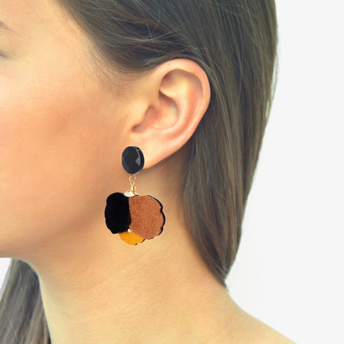 KAYLA LEATHER FLOWER EARRINGS  WITH ONYX