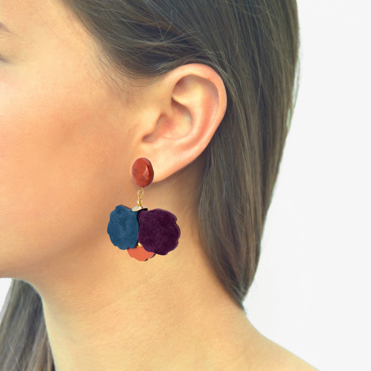 KAYLA LEATHER FLOWER EARRINGS  WITH RED JASPER IN BLUE