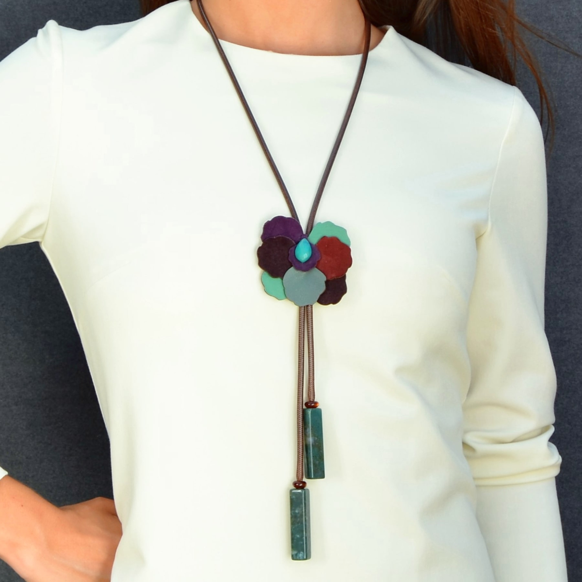 KAYLA LEATHER FLOWER NECKLACE WITH INDIAN JASPER