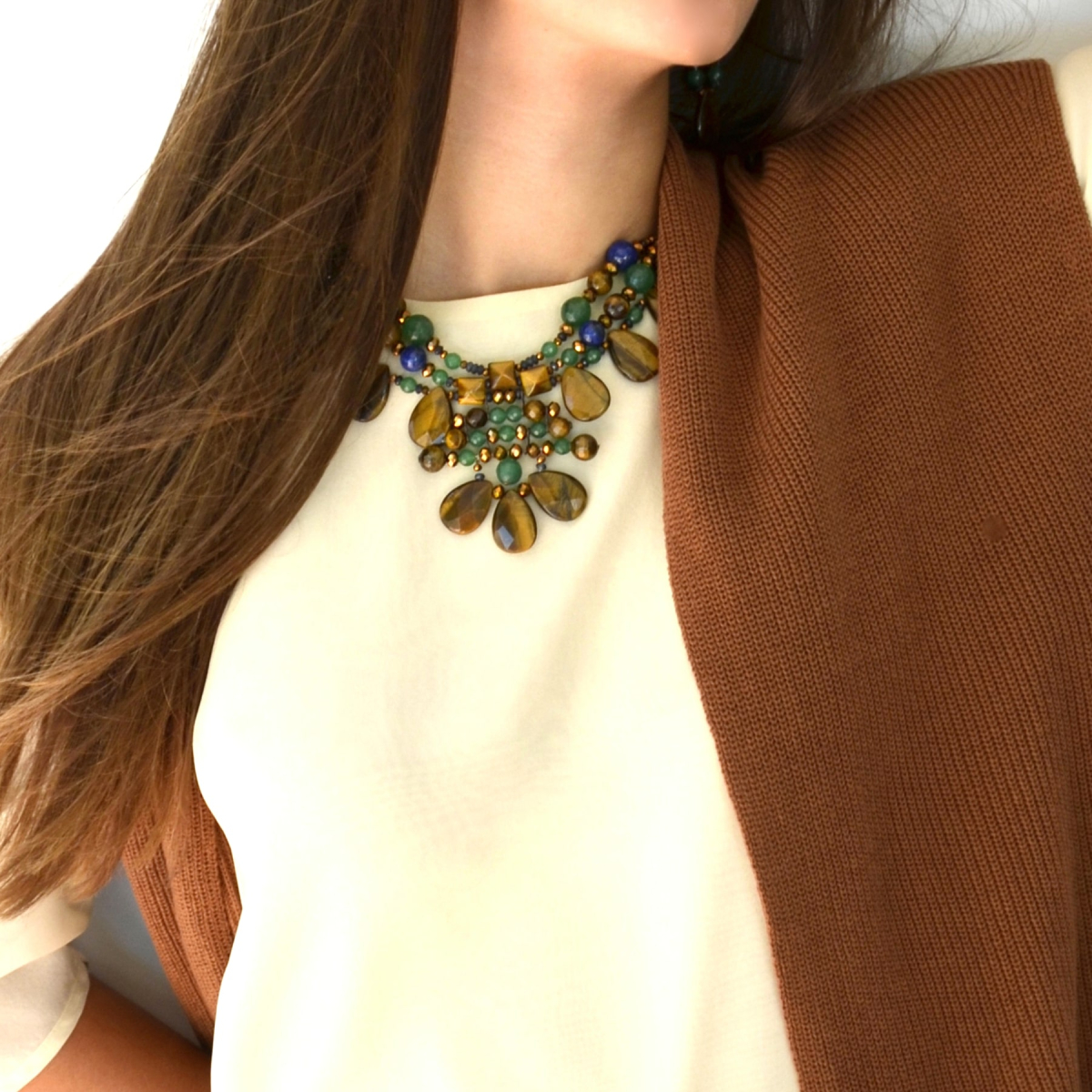 TRICIA STATEMENT NECKLACE TIGER'S EYE CORNELIAN