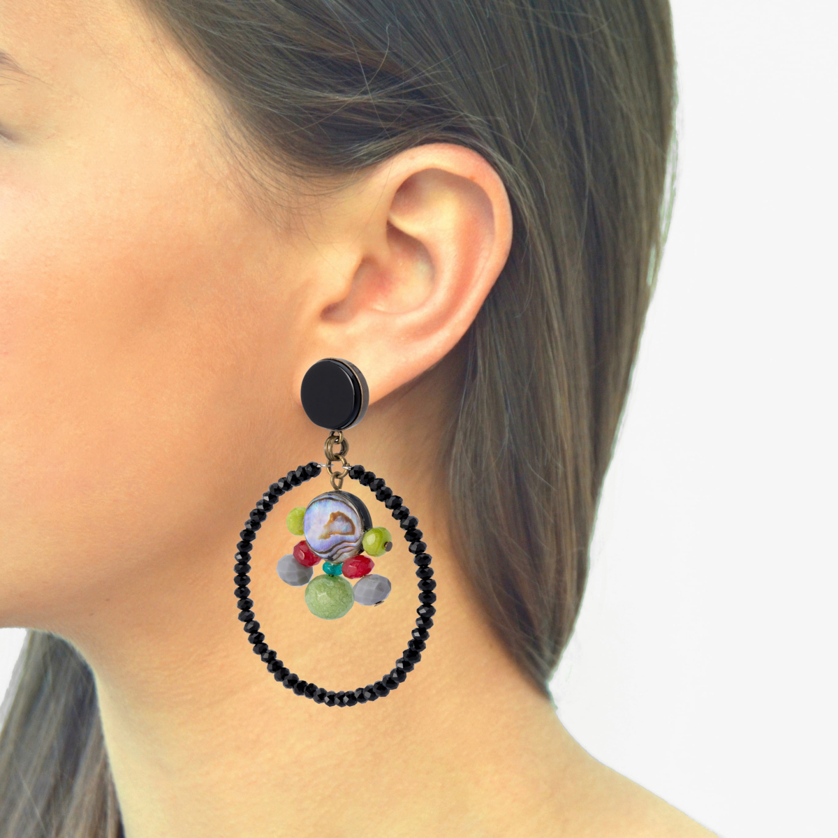 INNA ABALON SHELL HOOP EARRINGS GREEN