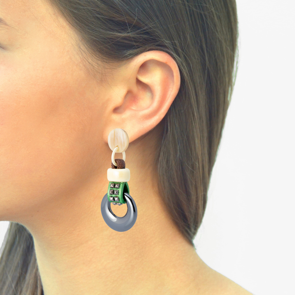 KORA HEMATITE AND GREEN LEATHER EARRINGS