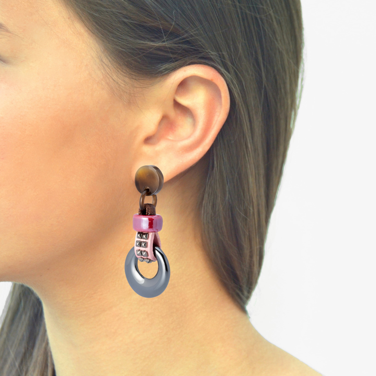 KORA HEMATITE AND PINK LEATHER EARRINGS