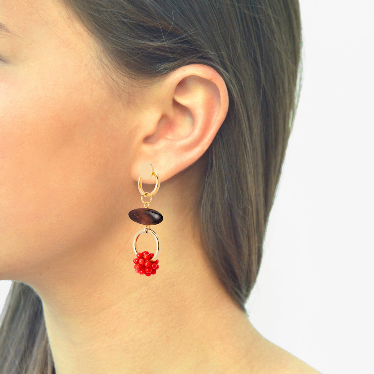 AMARELLA RED CORAL BEADED SPHERE EARRINGS