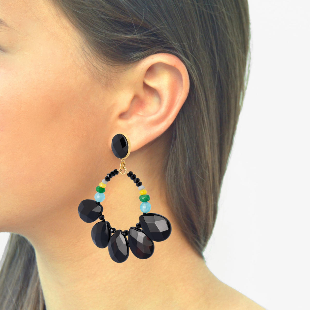 BRIANDA ONYX TEARDROP HOOP EARRINGS