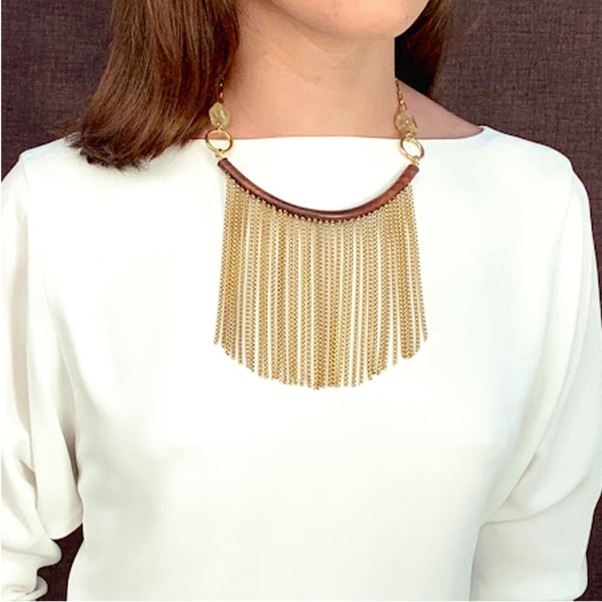 GABRIELLA EBONY AND CITRINE CHAIN FRINGE  NECKLACE