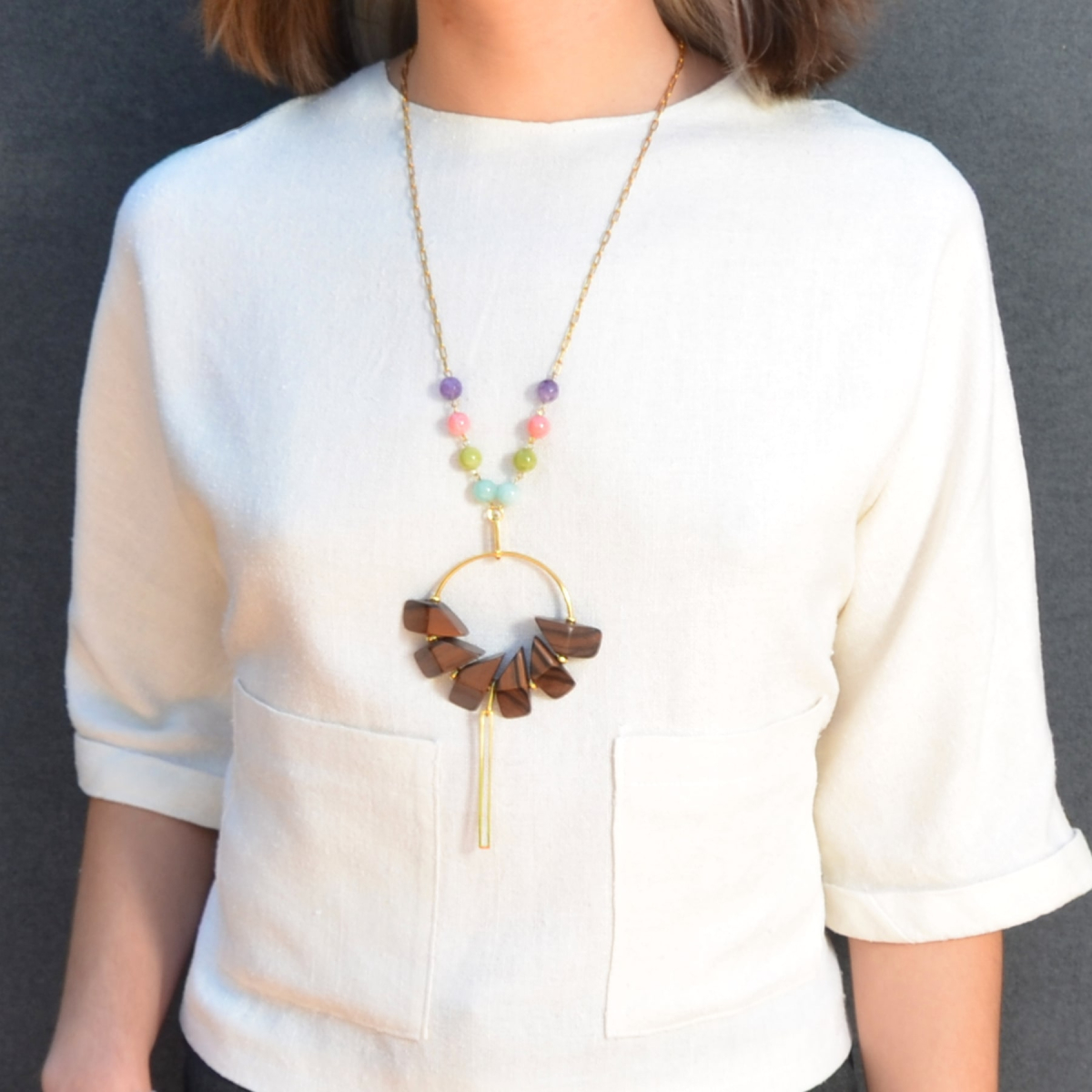 ELENA AGATES AND EBONY Y SHAPE NECKLACE PINK