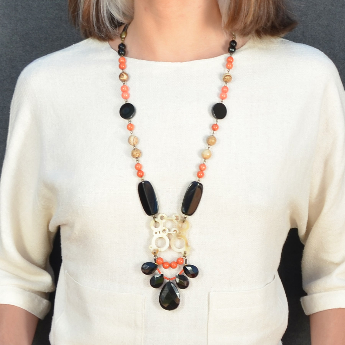 GAIA HORN CORAL AND ONYX LONG NECKLACE
