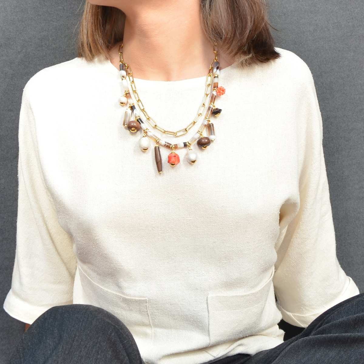 BEL AGATES CORAL AND FRESH WATER PEARLS SHORT NECKLACE