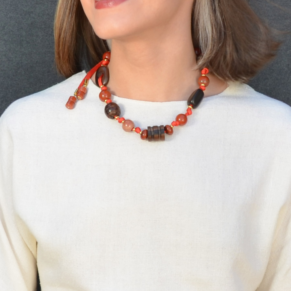 LIVIA SHORT RED JASPER AND EBONY KNOTED NECKLACE