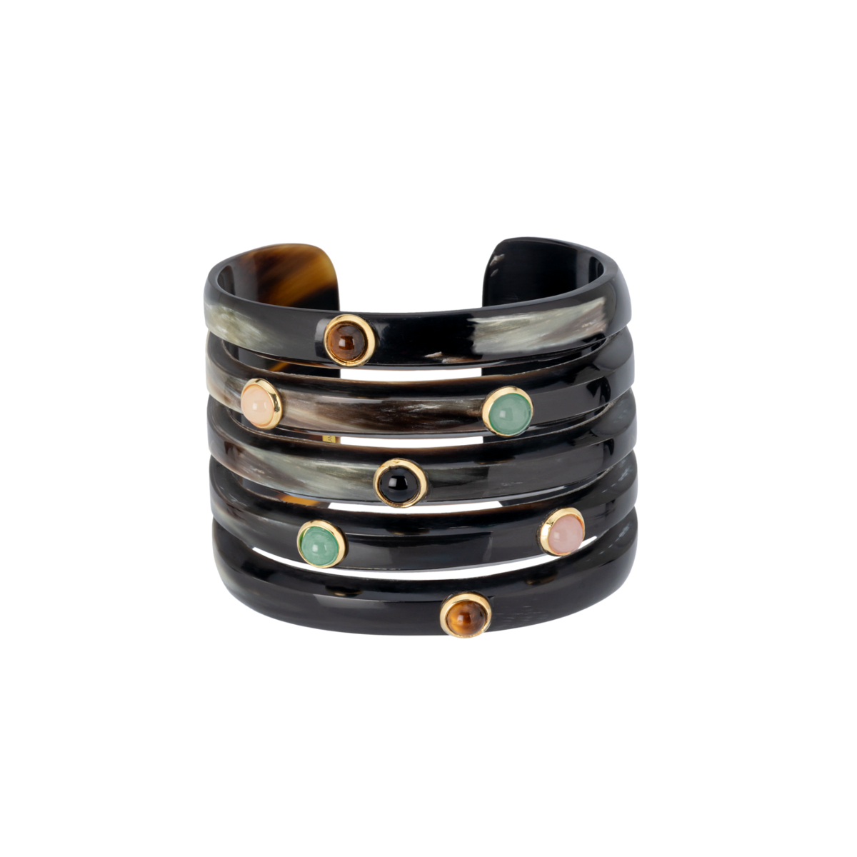 PULSERA COPERNICO DE CUERNO CON CABUJONES DE PIEDRAS SEMIPRECIOSAS ROSA VERDE