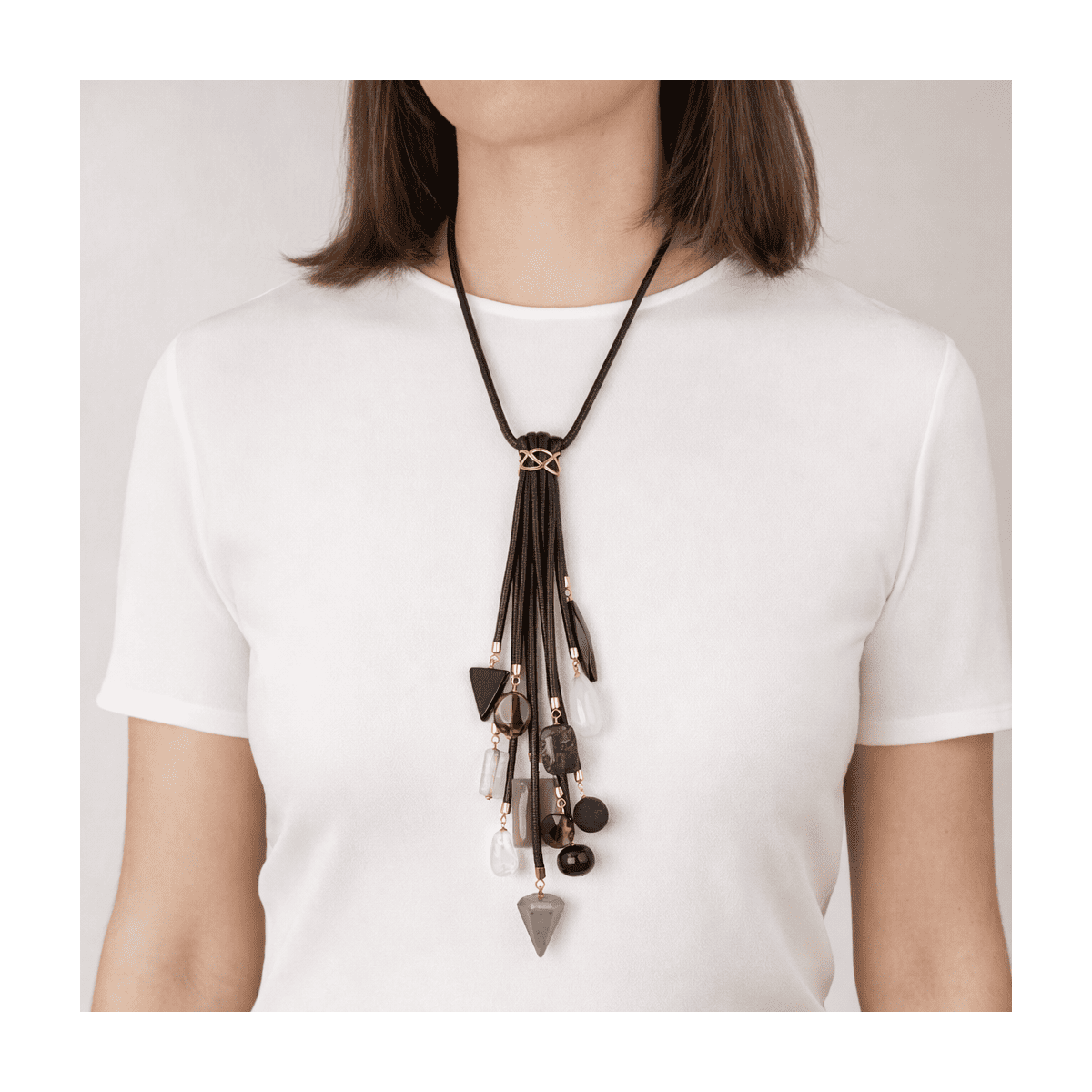 AVA CORD NECKLACE WITH TWELVE DIFFERENT PENDANTS BLACK/GREY