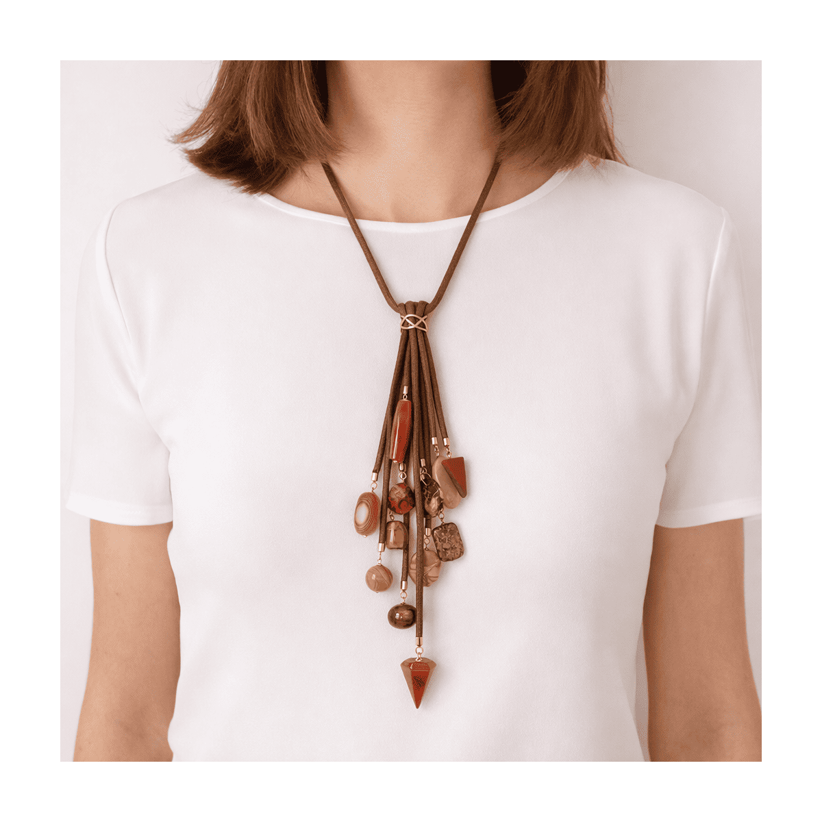 AVA CORD NECKLACE WITH TWELVE DIFFERENT PENDANTS BROWN