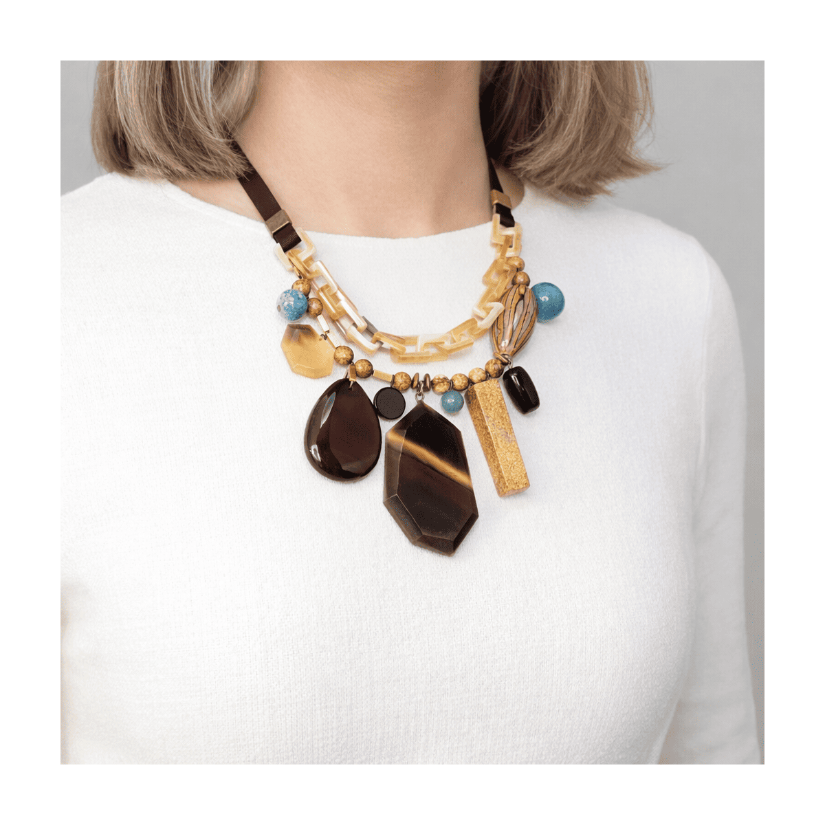 MANNY BLUE MIXED MATERIALS LONG  NECKLACE