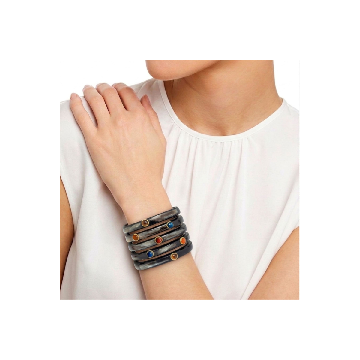 COPERNICO CUFF WITH SEMIPRECIOUS STONE CABOCHONS BLUE ORANGE