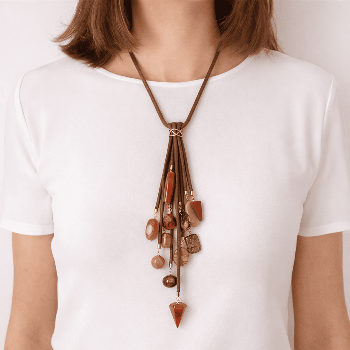 AVA CORD NECKLACE WITH TWELVE DIFFERENT PENDANTS BROWN